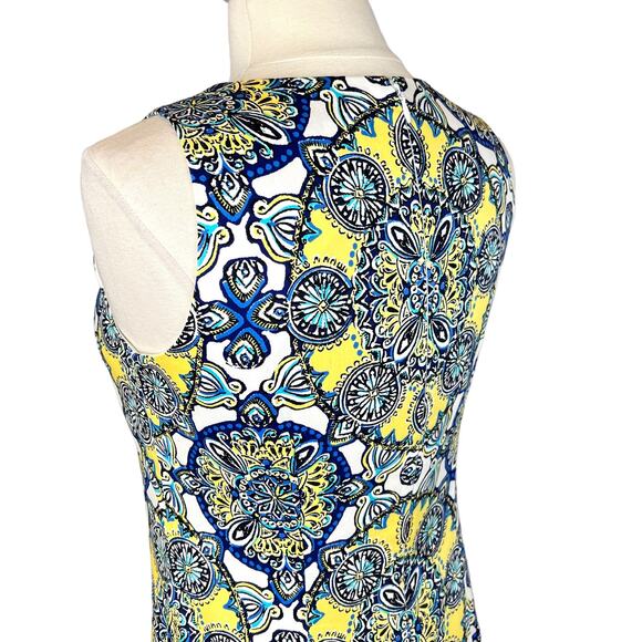 London Style Mandala Print Sleeveless Shift Dress Size 8 Yellow Blue Cotton - Picture 9 of 14